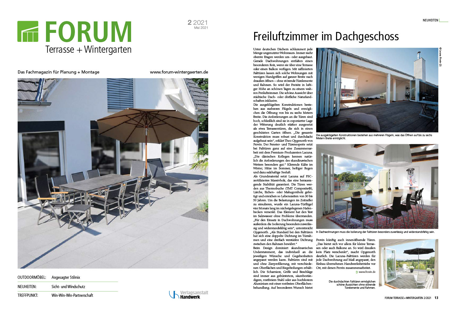 Titelbild FORUM Terrasse + Wintergarten mit Pressebericht über frovin Falttüren Lacuna