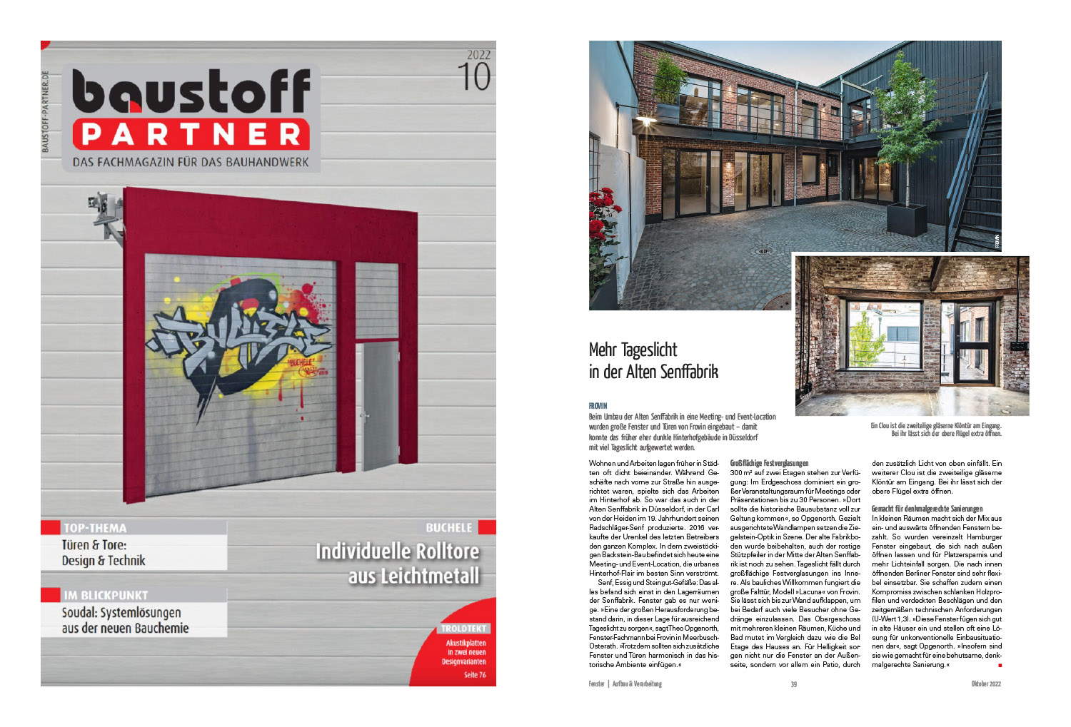 Titelbild Baustoff Partner mit Pressebericht über frovin Bauprojekt Alte Senffabrik